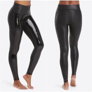 SPANX Faux Leather Sequin Party Disco Leggings Black Medium